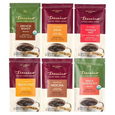 Teeccino Herbal Coffee Sampler - 6 x 30g Trial Size Chicory Coffee Alternatives - French Roast, Vanilla Nut, Hazelnut, Mocha, Maca Chocolate, Java - Prebiotic, Caffeine Free &amp; Acid Free