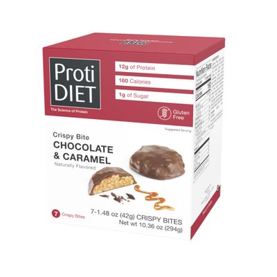 ProtiDIET Chocolate and Caramel Crispy Bites - Gluten free, Low Sugar, High Protein Healthy Snacks with Collagen for Adults to Support a Busy and Active Lifestyle - 7 Protein Bites Per Box