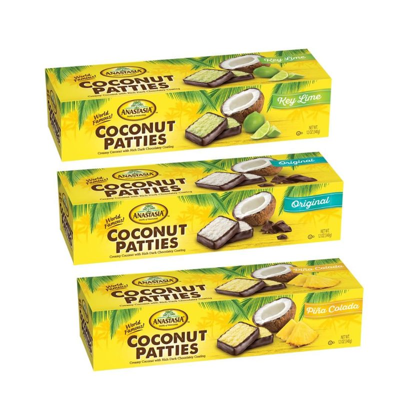 Coconut Patties, Chocolate, Anastasia Coconut Patties Original, key Lime Patties and Pina Colada Patties, (3 count) 12oz, Variety pack