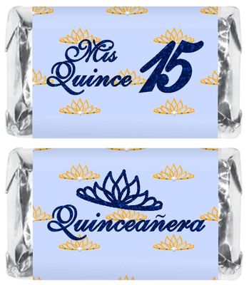 Mis Quince Miniature Candy Bar Wrapper, Quinceanera Mini Chocolate Bar Stickers for 15 Birthday Party, Table Top Event Decorations, (Set of 60) Candy Not Included. (Blue)
