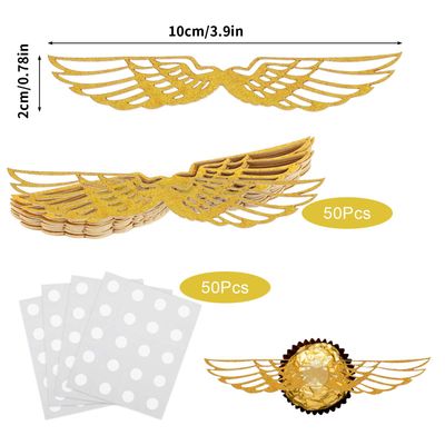 50 PCS Gold Glitter Wings Wizard Party Chocolate Decoration Golden Wings Cupcake Toppers with 50 PCS Glue Points, Chocolate Decoration Halloween Cake Topper for Birthday Wedding Anniversary