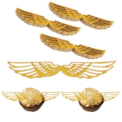 50 PCS Gold Glitter Wings Wizard Party Chocolate Decoration Golden Wings Cupcake Toppers with 50 PCS Glue Points, Chocolate Decoration Halloween Cake Topper for Birthday Wedding Anniversary