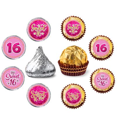Sweet 16 Round Candy Sticker - Happy Sweet 16th Birthday Party Favors Sticker Labels Fit Chocolate Candy (160 Pieces