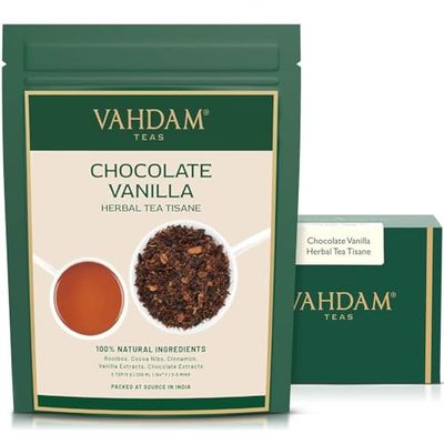 VAHDAM, Chocolate Vanilla Herbal Tea Tisane (50+ Cups, 3.5 oz) Rooibos, Artisanal Chocolate, Creamy Vanilla Loose-Leaf Tea | New Favorite Chocolate Indulgence | Vacuum Sealed for Freshness