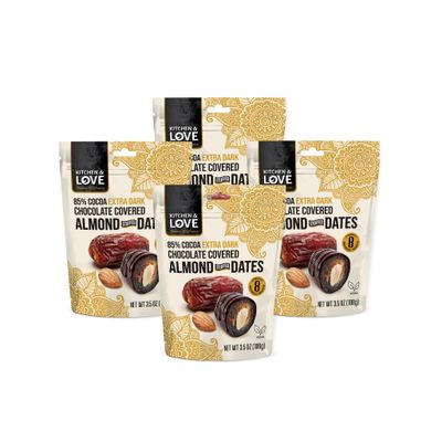 Kitchen &amp; Love Chocolate Covered Almond Stuffed Dates in a Convenient Resealable Pouch, 8 Individually Wrapped Pieces, 85% Extra Dark Chocolate, Healthy Snack, 3.5 oz pouch (Pack of 4)