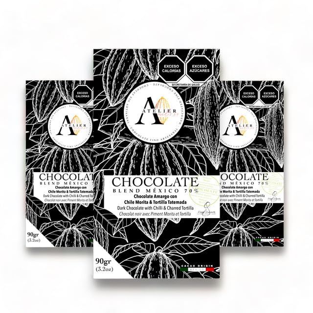 Mil534 | Pack of 3 Dark Chocolate Bars 70% COCOA WITH MORITA CHILE &amp; TATEMADA TORTILLA (90 g each) | Artisan Chocolate with Sustainable Mexican Cocoa | Vegan and Gluten Free