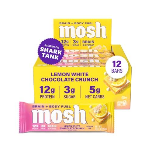 MOSH Lemon White Chocolate Keto Protein Bars, High Protein, Gluten Free, Brain Healthy Snack with Ashwagandha and Lions Mane, 12 Count