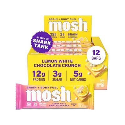 MOSH Lemon White Chocolate Keto Protein Bars, High Protein, Gluten Free, Brain Healthy Snack with Ashwagandha and Lions Mane, 12 Count