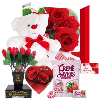 VALENTINE GIFT BASKET SET |10 Teddy Bear Plush (White or Red), Dozen Belgian Milk Chocolate Roses Bouquet, Creme Savers Strawberry and Creme Hard Candy, Elmer Chocolate Rose Flowers Heart Shaped, &amp;
