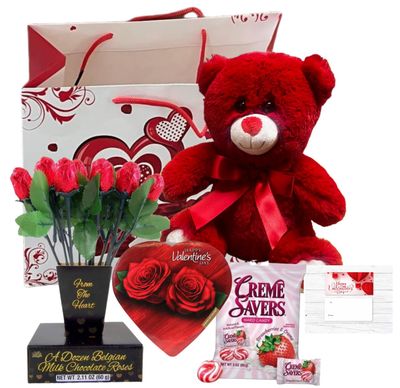VALENTINE GIFT BASKET SET |10 Teddy Bear Plush (White or Red), Dozen Belgian Milk Chocolate Roses Bouquet, Creme Savers Strawberry and Creme Hard Candy, Elmer Chocolate Rose Flowers Heart Shaped, &