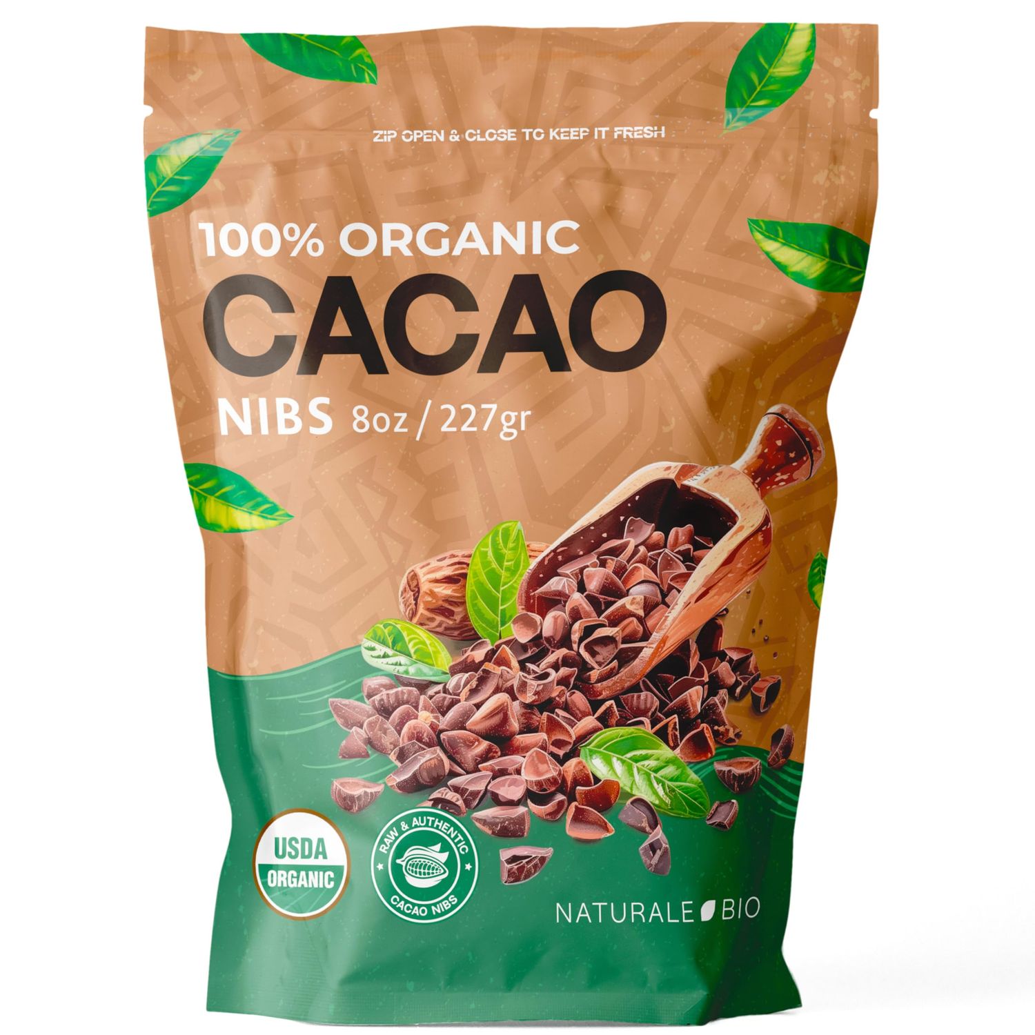 NaturaleBio Organic Raw Cacao Nibs 8 oz. Peruvian, Natural and Pure. Made in Peru from The Theobroma Cacao Plant. Source of Magnesium, Potassium, and Iron. Ideal as Sugar-Free Chocolate Chips.