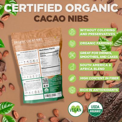 NaturaleBio Organic Raw Cacao Nibs 8 oz. Peruvian, Natural and Pure. Made in Peru from The Theobroma Cacao Plant. Source of Magnesium, Potassium, and Iron. Ideal as Sugar-Free Chocolate Chips.
