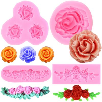 LKDQUTHM Rose Flower Fondant Mold Rose Flower Bloom Wreath Candy Silicone Mold For Cake Decorating Cupcake Topper Chocolate Gum Paste Polymer Clay Set Of 4