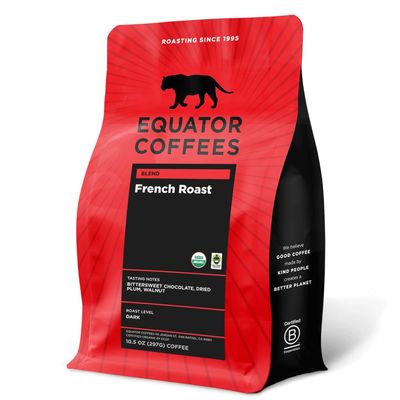 Equator Coffees, French Roast Blend, Organic Whole Bean Coffee, Dark Roast, Fresh Roasted, Bittersweet Chocolate &amp; Plum Flavor Notes, Sustainable and Fair Trade Certified, 10.5 oz Bag