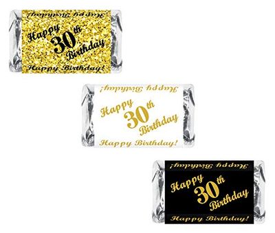 30th Birthday Miniatures Candy Bar Wrapper, (Set of 60) Mini Candy Bar Stickers; 3 Designs: 24 Gold, 24 Black, 12 White, Candy Not Included