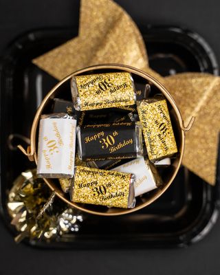 30th Birthday Miniatures Candy Bar Wrapper, (Set of 60) Mini Candy Bar Stickers; 3 Designs: 24 Gold, 24 Black, 12 White, Candy Not Included