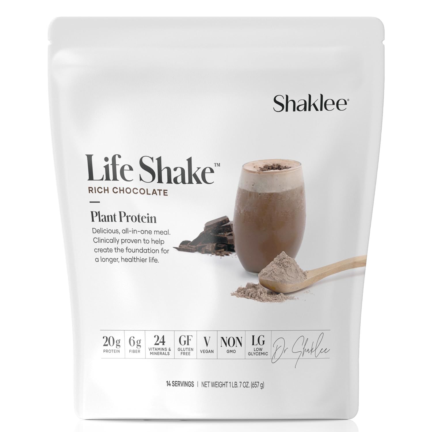 Shaklee Life Shake Plant Protein Rich Chocolate - Complete Meal Replacement with 20g Protein, 6g Fiber, 24 Vitamins &amp; Minerals - Supports Satiety &amp; Healthy Weight - Non-GMO - 14 Servings