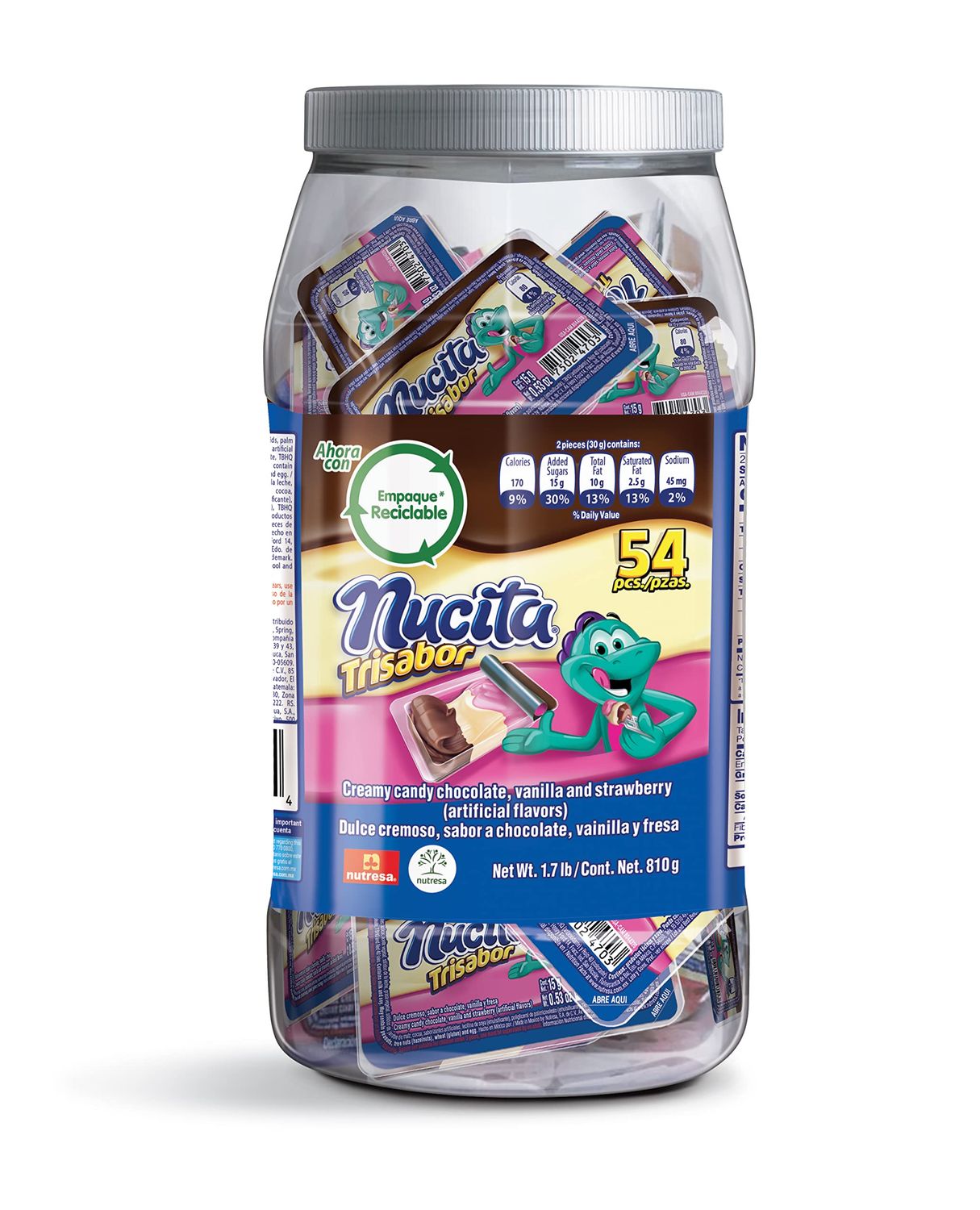 NUCITA Trisabor Jar, Delicious On-The-Go Treat, Chocolate, Vanilla &amp; Strawberry Flavors, 54 Pieces Total, 28.57 Oz (Pack of 1)