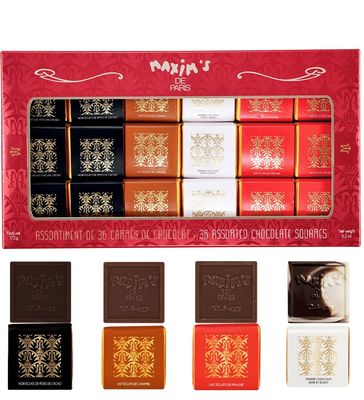 Maxim&#39;s De Paris - Assorted Chocolate Squares Gift Box Individually Wrapped, Dark Chocolate, Milk Chocolate, Milk chocolate Caramel, Marbled White and Dark Chocolate, 36 Pces