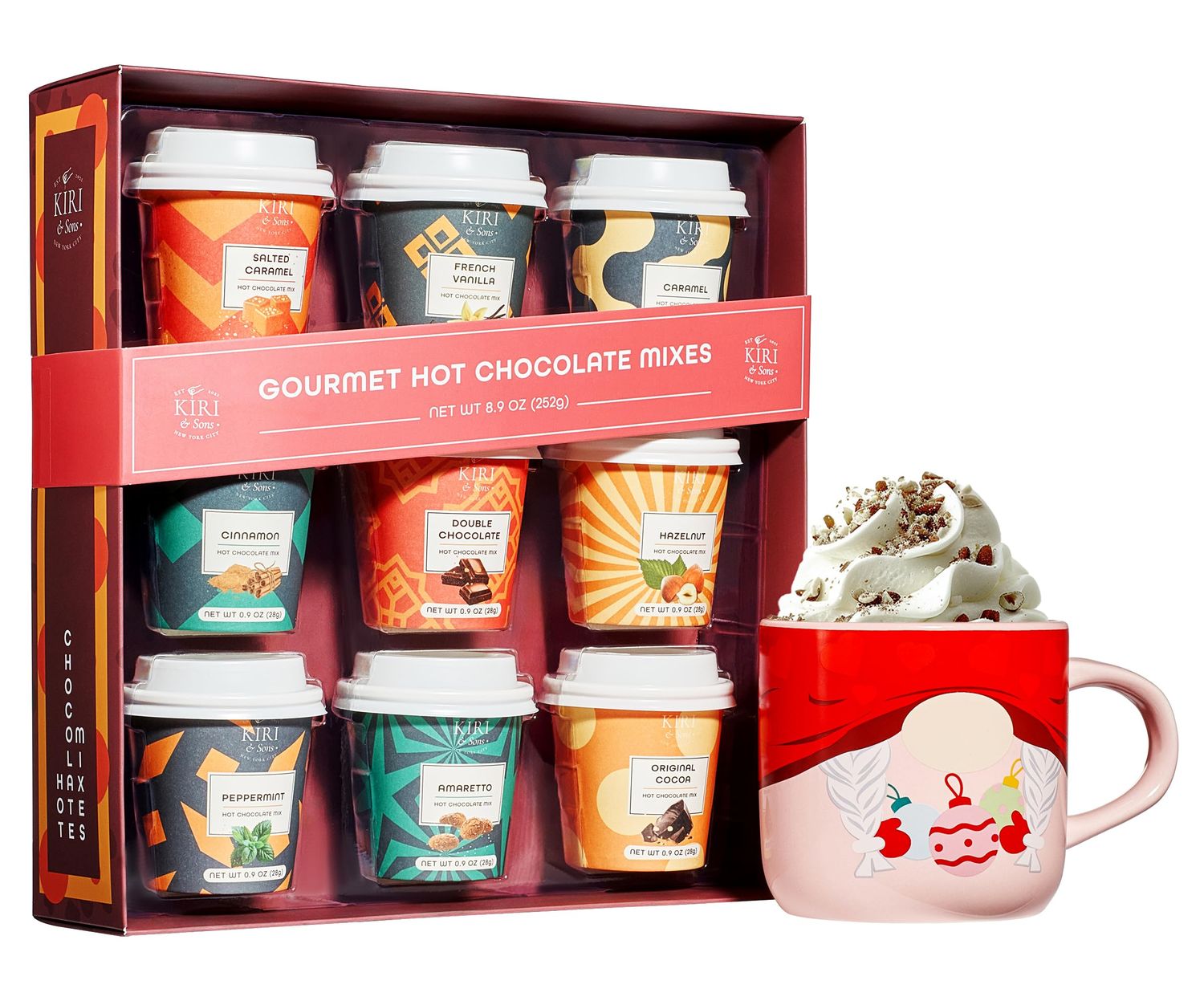 Kiri &amp; Sons Hot Chocolate Mix Gift Set, Hot Chocolate Gift Mix in Mini Cup Packaging, Flavors Include Double Chocolate, French Vanilla, Peppermint, Salted Caramel and More, Set of 9 Holiday Christmas