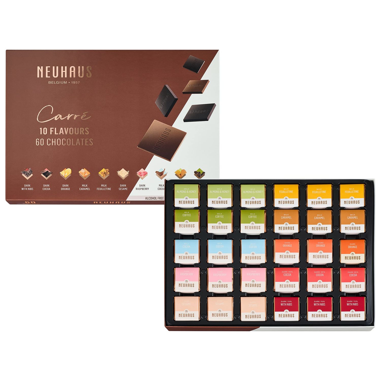Neuhaus Belgian Chocolate Carr 10 Flavors Box - 60 Neuhaus Chocolate Carrs Assorted Milk &amp; Dark Chocolates - 10 Flavors - Individually Wrapped - Chocolate Treasure Box