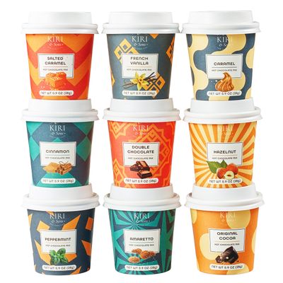 Kiri &amp; Sons Hot Chocolate Mix Gift Set, Hot Chocolate Gift Mix in Mini Cup Packaging, Flavors Include Double Chocolate, French Vanilla, Peppermint, Salted Caramel and More, Set of 9 Holiday Christmas