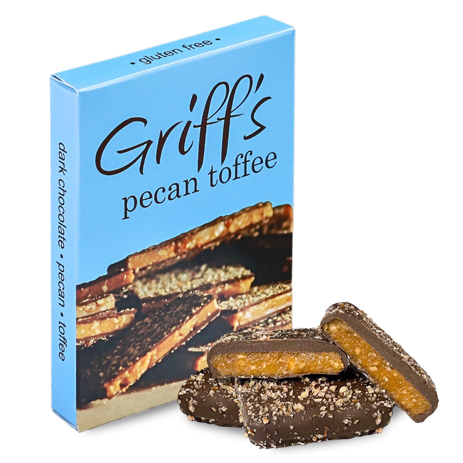 Griff&#39;s Pecan Toffee, 4 Dark Chocolate Covered Pecan Toffee Squares, Traditional English Toffee, Gluten Free, Family Owned (2 Ounce)