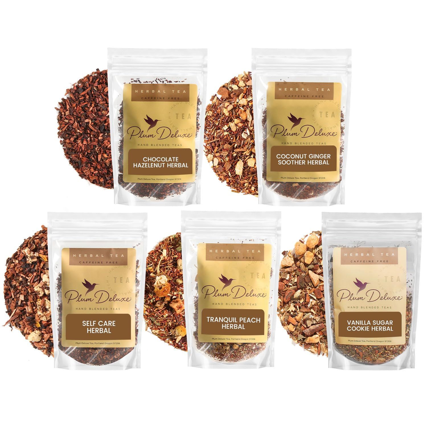 Plum Deluxe Variety Pack - Premium Loose Leaf Tea Sampler, Caffeine-Free Sleepy Time Tea - Vanilla Sugar Cookie, Chocolate Hazelnut, Peach Chamomile, Coconut Ginger and Apricot/Elderberry