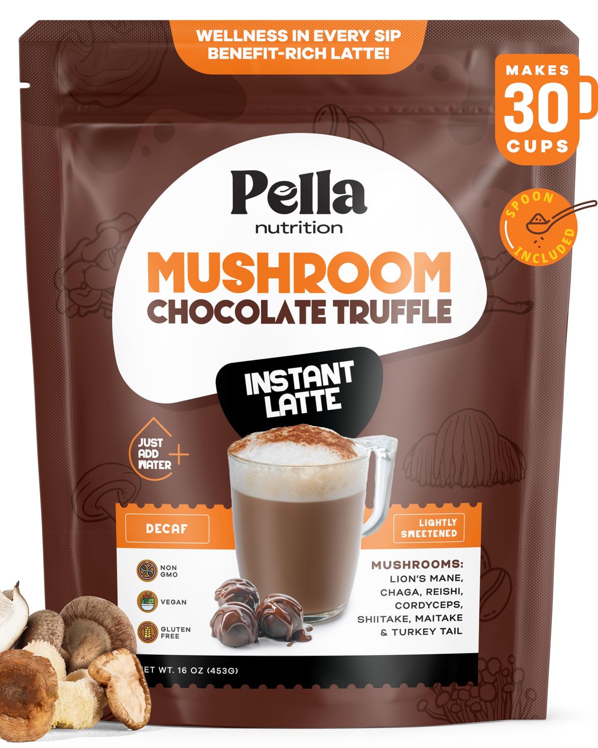 Organic Chocolate Truffle Instant Latte with 7 Mushroom Blend - Vegan, Non-GMO, Mushroom Coffee Organic - Reishi, Chaga, Lion's Mane, Turkey Tail - Mushroom Latte Supplement, Caffeine-Free 30 Servings