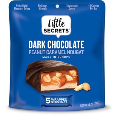 Little Secrets Dark Chocolate Nougat Bars | 5 Snack Bars | Made in Europe | Nothing Artificial &amp; No Sugar Alcohols | Sustainable Cocoa | 3.9 Ounce, Pack of 1
