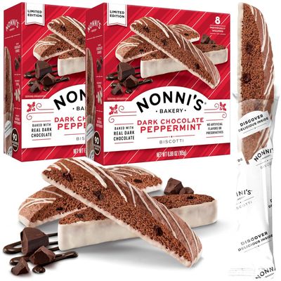 Nonni&#39;s Dark Chocolate Peppermint Biscotti - 2 Boxes Christmas Cookies - Italian Biscotti Cookies w/Dark Chocolate White Icing &amp; Peppermint Candy - Biscotti Individually Wrapped Cookies - 6.88 oz