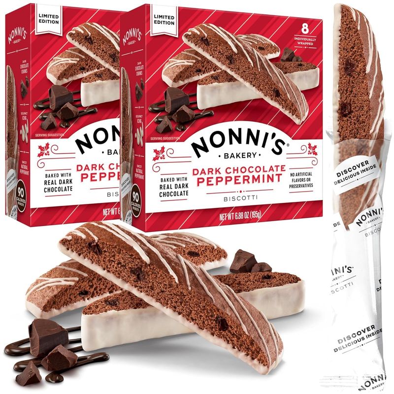 Nonni's Dark Chocolate Peppermint Biscotti - 2 Boxes Christmas Cookies - Italian Biscotti Cookies w/Dark Chocolate White Icing &amp; Peppermint Candy - Biscotti Individually Wrapped Cookies - 6.88 oz
