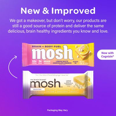 MOSH Lemon White Chocolate Keto Protein Bars, High Protein, Gluten Free, Brain Healthy Snack with Ashwagandha and Lions Mane, 12 Count