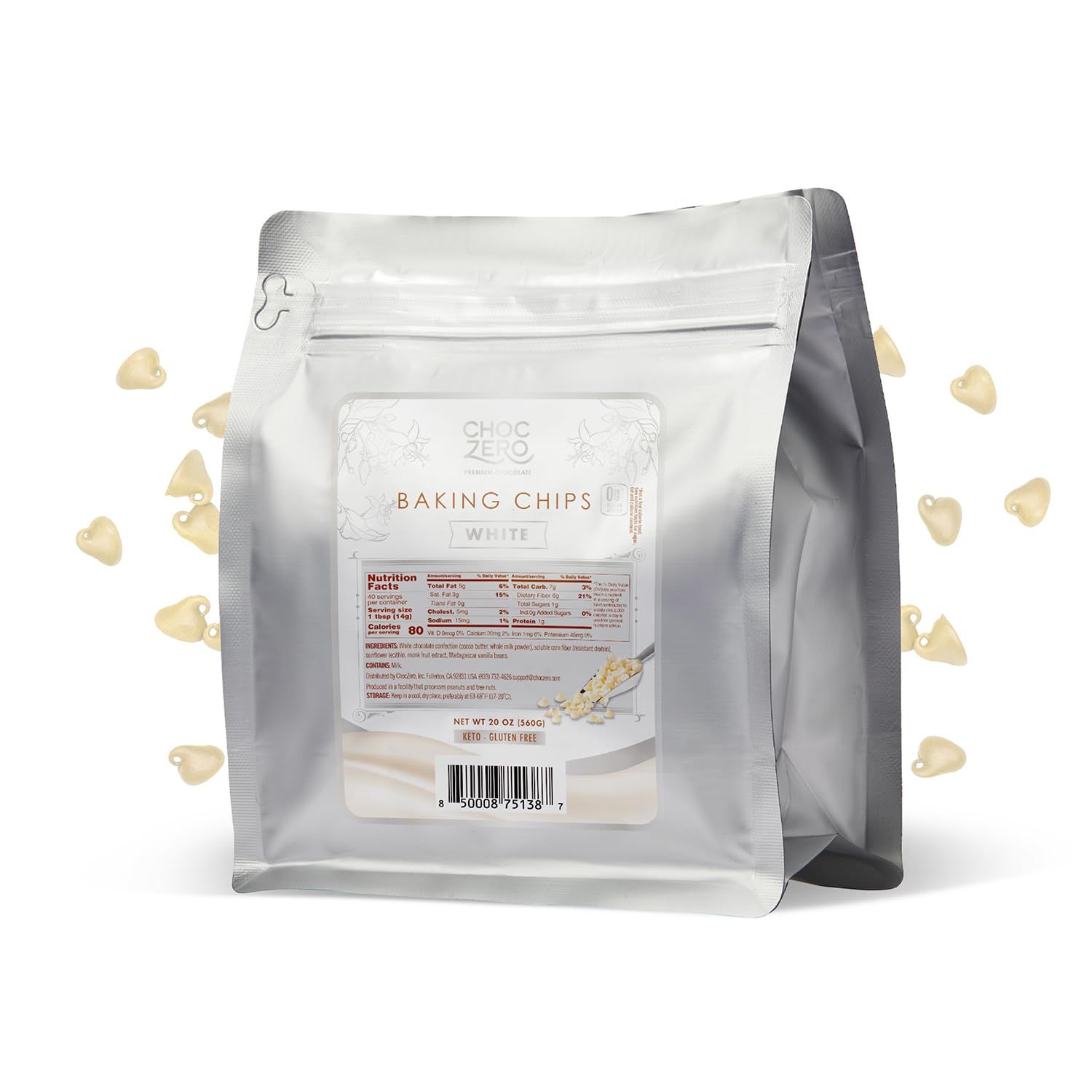 ChocZero White Chocolate Chips - Sugar Free, Low Carb, Keto Friendly, Gluten Free - 20 Ounce Bulk Bag for Baking Keto Diet Cookies and Dessert
