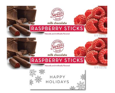 Sweet's Candy Milk Chocolate Raspberry Stick (2) and Happy Holidays Card (1) Bundle