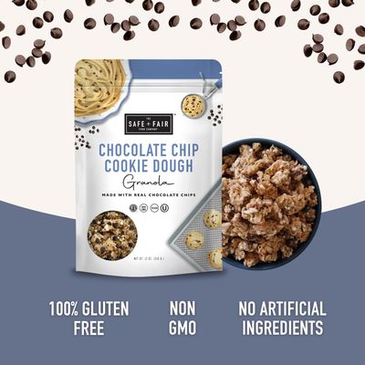 Safe + Fair Chocolate Chip Cookie Dough Granola - Gluten-Free, Dairy-Free &amp; Vegan Snack - Allergen-Free, Non-GMO, and No Artificial Ingredients - 12oz Pack, 6 Pack