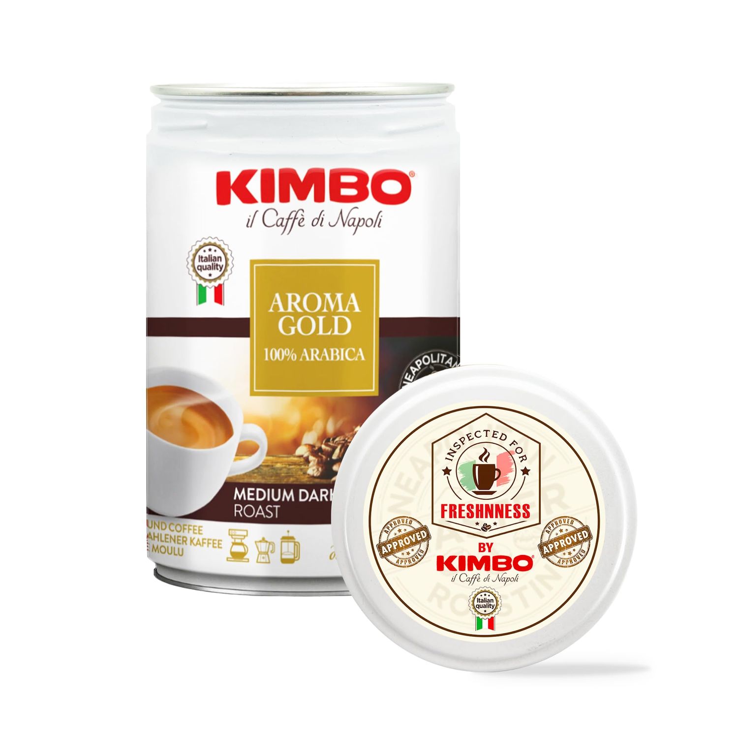 Kimbo Aroma Gold 100% Arabica | Ground Coffee | Medium Dark Roast | 9/13 Intensity | Intense Flavor and Dark Chocolate Notes | 8.8 oz Can