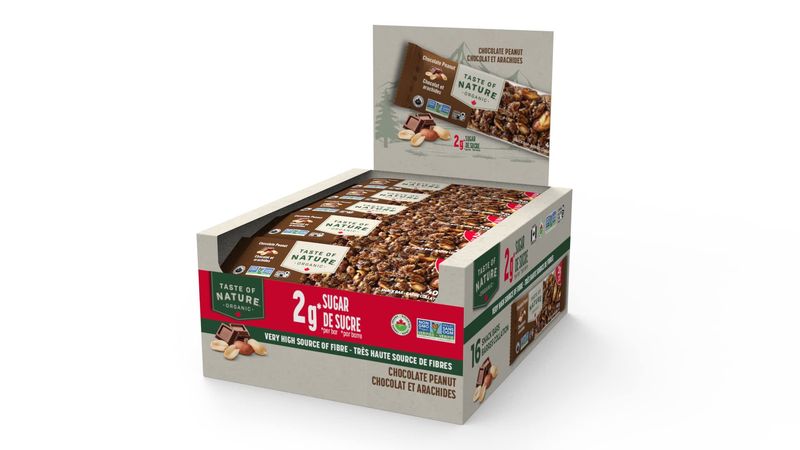 Taste of Nature - Organic 2g Sugar Chocolate Peanut - Low Sugar Snack and Breakfast Bar, High Fiber Energy Bar - 16 Count Snack Pack