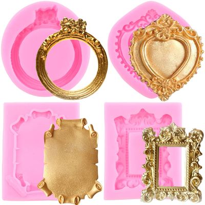 LKDQUTHM Picture Frames Silicone Molds Photo Frame Fondant Molds Baroque Style Scroll Frame Candy Mold for Cake Decorating Cupcake Topper Chocolate Gum Paste Polymer Clay Set of 4