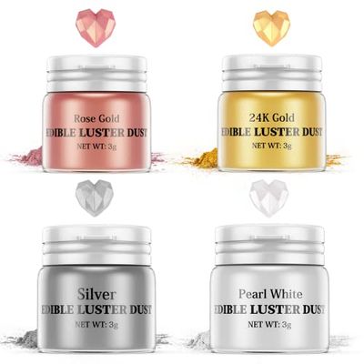 Luster Dust Edible Set - 4 Colors Food Grade Shimmer Nomeca Cake Dust Metallic Food Coloring Powder Glitter for Cake Decorating, Baking, Fondant, Gumpaste, Chocolate, Candy, Drinks, Cookie-(3g/Bottle)