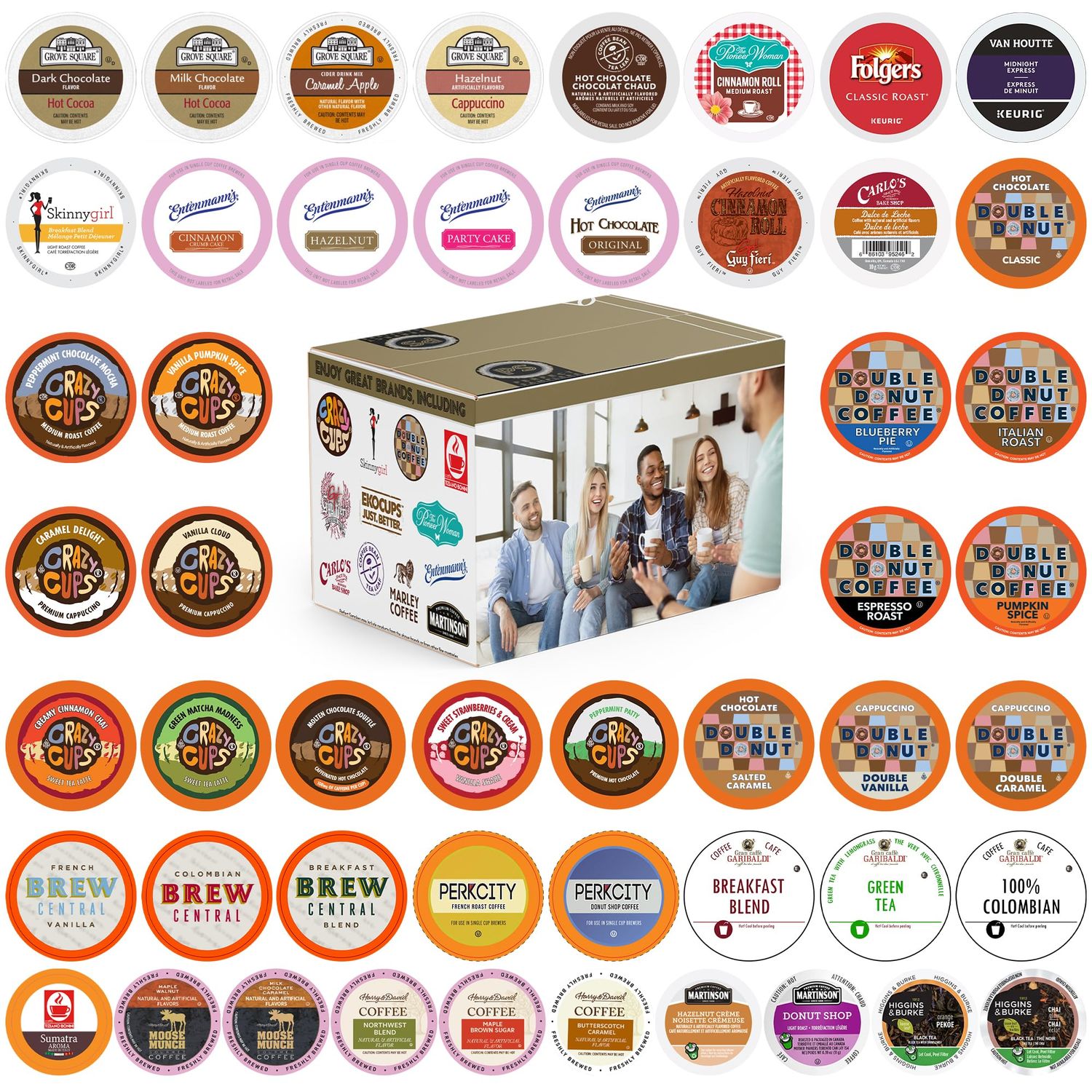 Custom Variety Pack Coffee, Tea, and Hot Chocolate Holiday Winter Sampler - Single Serve Pods for Keurig K-Cup Machines, 50 Assorted Flavors Party Mix(Pack of 1)