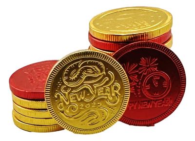 Foiled Again! 2025 Lunar New Year Chocolate Coins - Year of the Snake - Gold and Red Foil - Prosperity and Good Fortune Gift - Pure Belgian Chocolate Red Envelope Fill