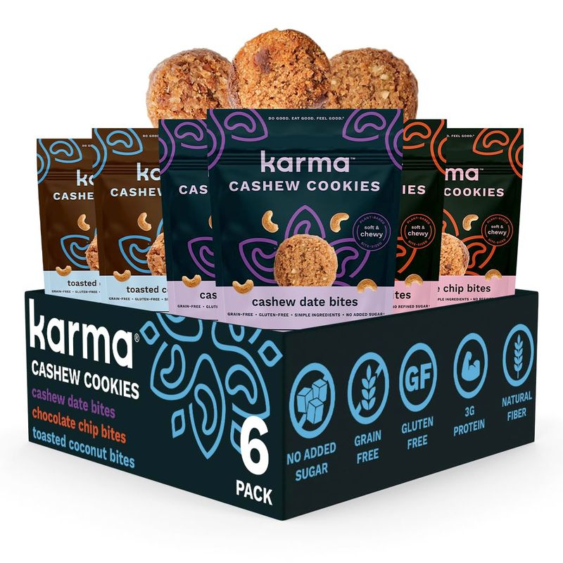 Variety Cashew Cookie Bites by Karma Nuts | Cashew Date, Chocolate Chip &amp; Toasted Coconut | Gluten-free, Soft &amp; Chewy bite-sized cookies, non-GMO, 3oz Resealable Bag (6 Pack)