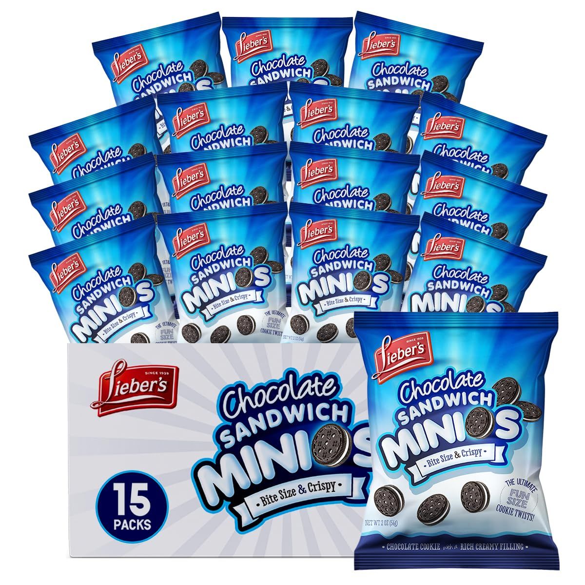 Liebers Sandwich Minios Chocolate Cookies - Bite-Sized Treats with Rich Cream Filling - 2 Oz. Bags, 15 Snack Packs - Crispy and Delicious