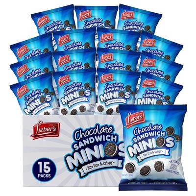 Liebers Sandwich Minios Chocolate Cookies - Bite-Sized Treats with Rich Cream Filling - 2 Oz. Bags, 15 Snack Packs - Crispy and Delicious