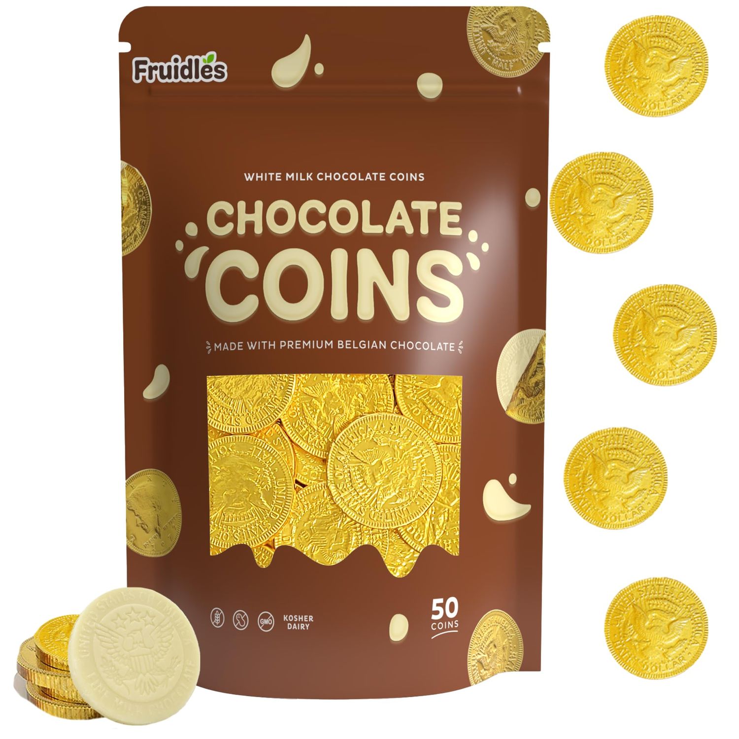White Belgian Milk Chocolate Coins, Kosher Certified Dairy, Non GMO (50-Pack)