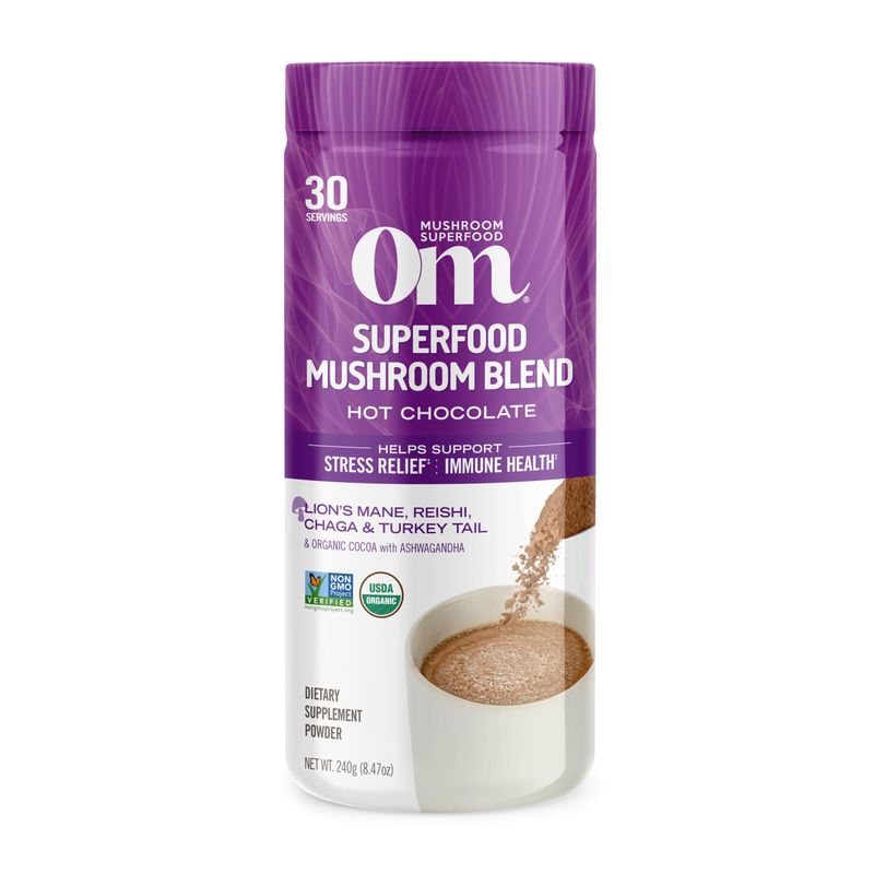OM Mushroom Superfood Hot Chocolate Blend Mushroom Powder, 8.47 Ounce Canister, 30 Servings, Dutch Cocoa, 2g of Sugar, 25 Calories, Lion's Mane, Reishi, Chaga, Turkey Tail, Focus and Stress Support