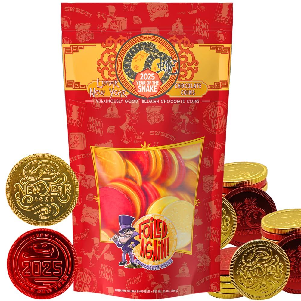 Foiled Again! 2025 Lunar New Year Chocolate Coins - Year of the Snake - Gold and Red Foil - Prosperity and Good Fortune Gift - Pure Belgian Chocolate Red Envelope Fill