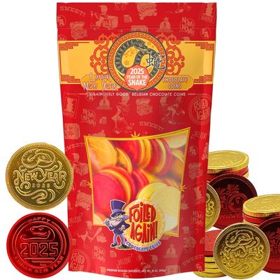 Foiled Again! 2025 Lunar New Year Chocolate Coins - Year of the Snake - Gold and Red Foil - Prosperity and Good Fortune Gift - Pure Belgian Chocolate Red Envelope Fill