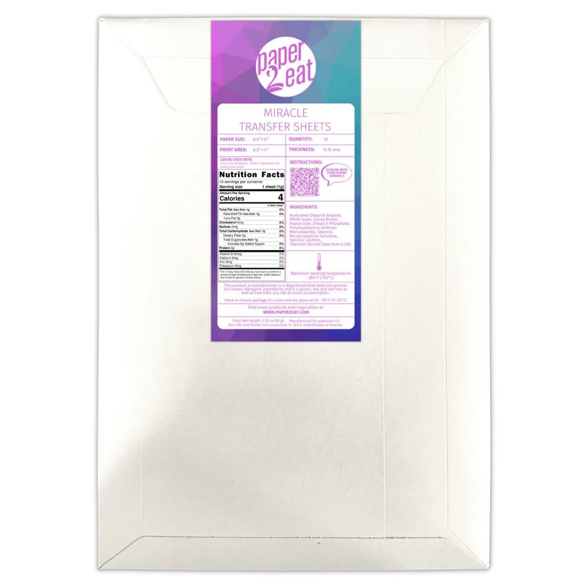 paper2eat edible Miracle Transfer Sheets (formerly Chocolate Transfer Sheets) 8.5 x 11 - 10 count - For Edible Paper Printers